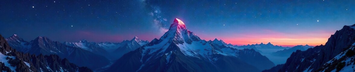 Luminous peak of Mont Blanc du Tacul under starry night sky, breaking dawn, night