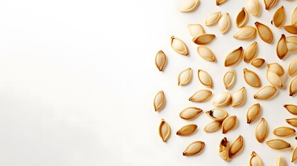 Roasted pumpkin seeds scattered on white background. (1)