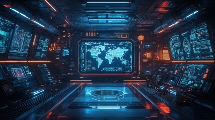 Fototapeta premium Futuristic Control Room: Global Monitoring Station