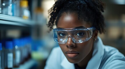 A focused scientist in a lab coat and safety goggles examines samples in a laboratory setting.