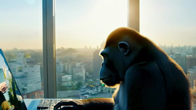 A monkey intently using a laptop by a window with a cityscape background, symbolizing curiosity, intelligence, and focus in a modern setting.