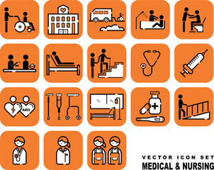 介護と医療のベクターアイコンセット(四角)