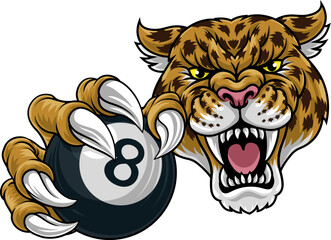 A jaguar, panther, leopard or cheetah wildcat spotted cat billiards pool sports team mascot holding a billiard black 8 ball © Christos Georghiou