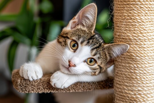 Playful tabby cat lounging on scratching post with curious expression and bright eyes