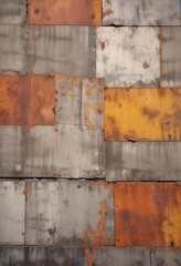 Weathered concrete surface with rusty metal reinforcement, fractured, exposed steel, broken