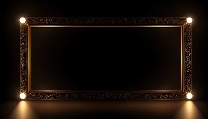 Smooth elegant Black silk background. With Wood Frame Golden rectangle photo frame on black background. Gold button. Blank space for picture, painting, 