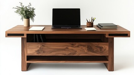 Modern wooden desk with laptop and office supplies.
