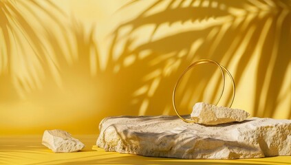 Minimalist Summer Product Display with Golden Rings and Palm Tree Shadows