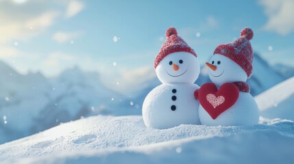 Fototapeta premium Snowman couple with heart in winter landscape, celebrating love and joy