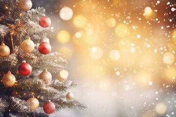Christmas tree decorated with red and gold balls with snow falling on a blurred golden background