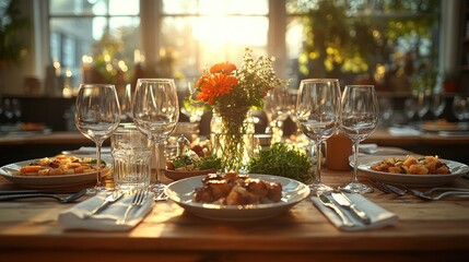 A beautifully set dining table with food and drinks, illuminated by warm sunlight.