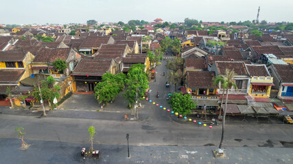 Aerial view of Hoi An Ancient Town showcasing historic Asian and colonial architecture during...