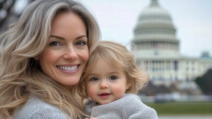 A beautiful blond mother with her baby in her arms smiled as she stood in front of the US Capitol building looking into the camera