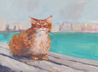 Cat sea gouache painting. A beautiful red-haired cat poses against the background of a turquoise sea. A hand-drawn illustration. A modern postcard, a layout for the design of printed printing websites