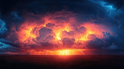 Obraz premium Dramatic storm clouds illuminated by lightning and vibrant colors over a landscape.