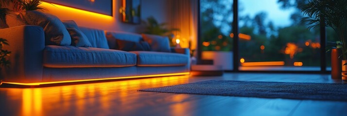 Obraz premium Cozy living room with ambient lighting and a view of nature outside.