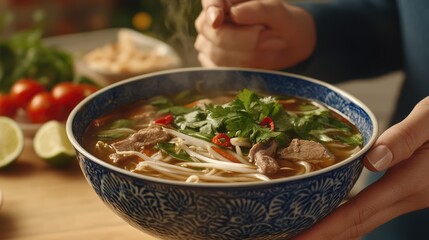 Delicious homemade Vietnamese pho with fresh herbs and beef