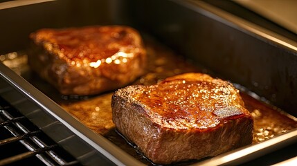 Juicy and Sizzling Steak Cooking in Oven with Delicious Glaze