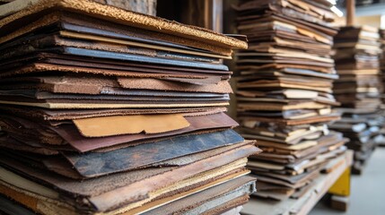Naklejka premium Stacks of Various Leather Pieces in a Tanning Workshop Setting