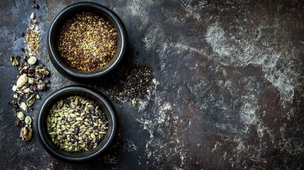 Assorted Spices in Bowls on Rustic Dark Surface with Spills
