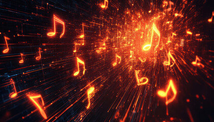 Obraz premium Glowing Music Notes in Digital Tunnel Abstract Background