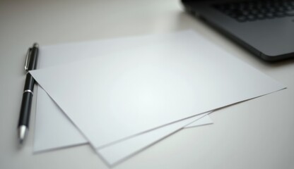 A4 paper mockup on desk with laptop and pen, minimalistic design, soft focus, copy space
