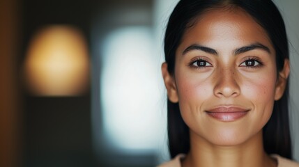 A close-up portrait of a smiling Peruvian woman with a natural glow, set against a softly blurred indoor background, with copy space.