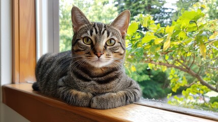 Tabby Cat Relaxing on Windowsill Surrounded by Lush Greenery and Natural Light