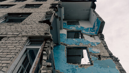 destroyed and burned houses in the city in Ukraine