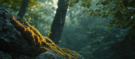 Naklejka premium Sunlit Mossy Rock in Enchanting Forest