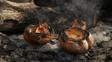Charred Onions Cooking Over Open Fire on Smoky Ashes and Logs