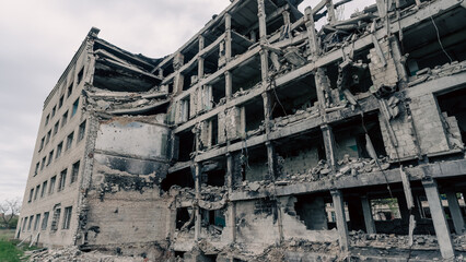 destroyed and burned houses in the city in Ukraine