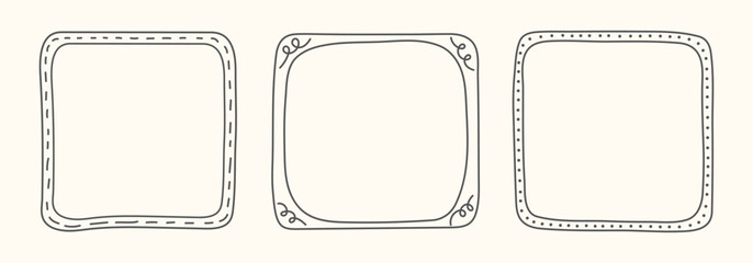 Hand Drawn frame set with doodle squares, ribbons. Whimsical line borders for birthday, christmas, menu, wedding Invitations, photo. Coquette vintage minimal elements in trendy line art style. Vector