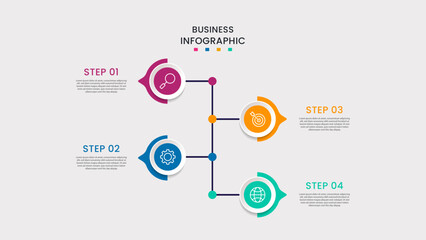 Business infographic template. 4-Step timeline journey. Process diagram, 4 options on white background, Info graph elements vector illustration.