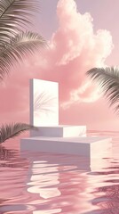 Obraz premium 3d background product display podium scene with leaf geometric platform,cloud and sky, palm shadows and white stone podium,Mockup for eco beauty cosmetic advertising,Copy space.