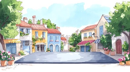 A charming street in a picturesque village with colorful buildings and cobblestone pavement.
