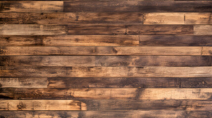 Medium brown wood texture background viewed from above, featuring horizontally stacked, worn wooden planks, ideal as a design element for walls, floors, or tables.