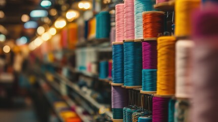 Colorful Spools of Thread in a Textile Store with Bokeh Background