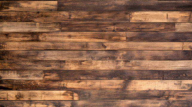 Medium brown wood texture background viewed from above, featuring horizontally stacked, worn wooden planks, ideal as a design element for walls, floors, or tables.