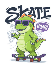 Cute Dinosaur Ride Skateboard Hand Drawn Vector Illustration Designs