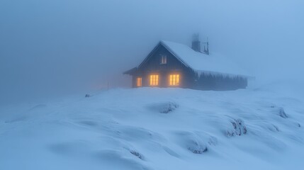 A solitary cabin illuminated in a snowy, foggy landscape evokes a sense of isolation and tranquility.