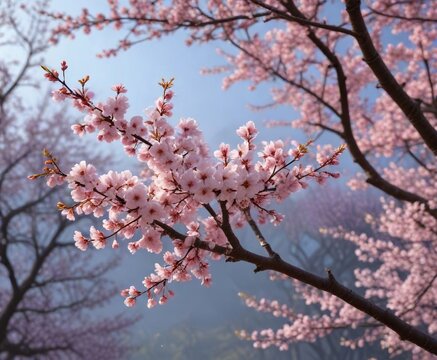 multiple branches with cherry blossoms in full bloom on a tree, pink flowers blooming, early spring blooms, blooming pink flowers