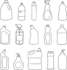 Set of Hand-Drawn Cleaning Product Bottles in Outline Style, Vector set.