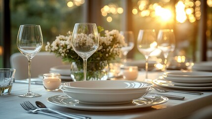 Elegant dinner table setting with white plates, glassware, candles, and flowers at sunset.