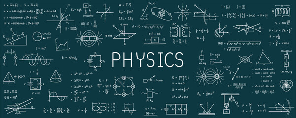 Physics and math symbols. Geometric icons and formulas of important science technology theories. Vector illustration for background.