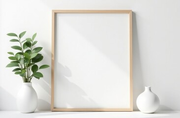 Poster mockup with home plants and vase on white background