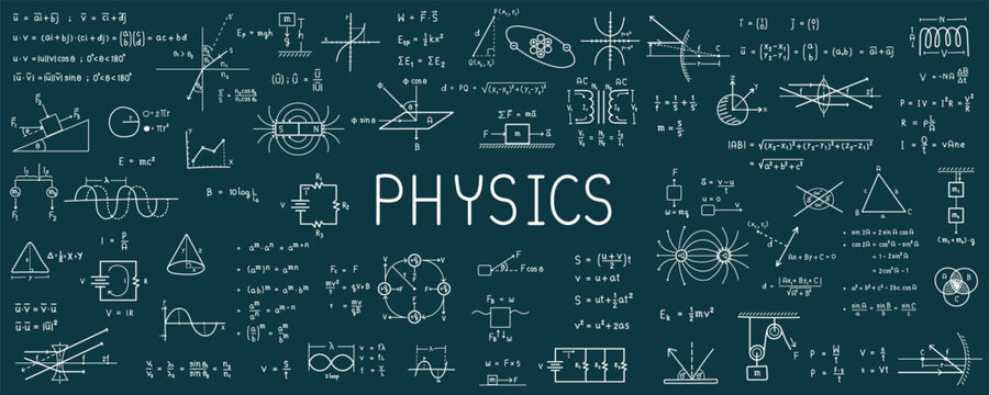 Physics and math symbols. Geometric icons and formulas of important science technology theories. Vector illustration for background.