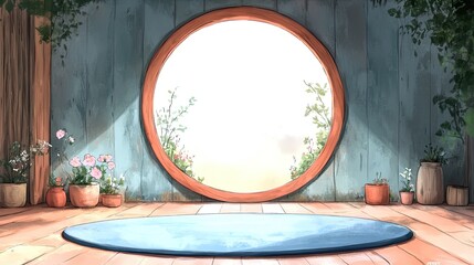 A circular window in a wooden wall with plants and a rug in front of it.