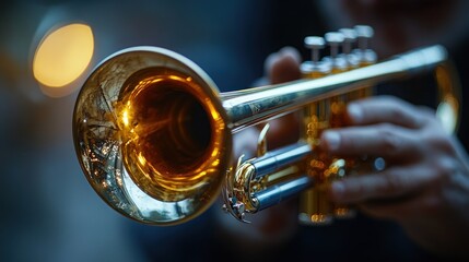 Close-up of a brass trumpet being played, highlighting its shiny surface and intricate details.