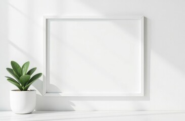 White poster mockup with plant on white background